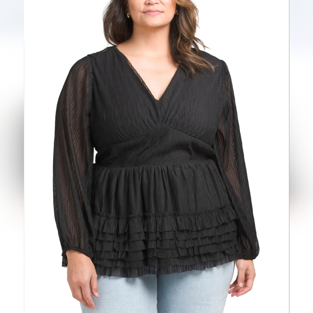 US Together Plus Black Mesh Ruffle Blouse